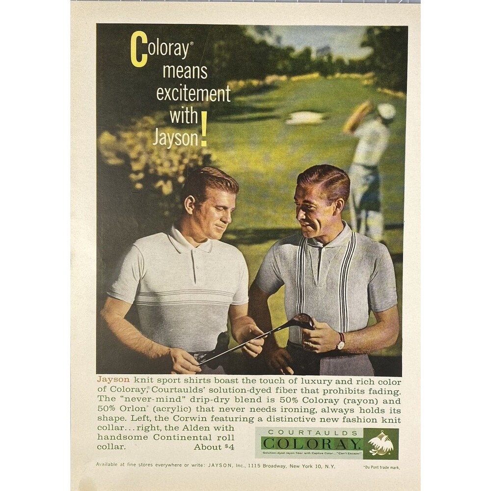 Jayson Knit Golf Shirts Courtaulds Coloray Rayon Fiber Vintage Print Ad 1960